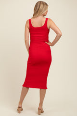 Red Smocked Sleeveless Ruffle Hem Maternity Fitted Dress