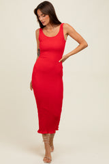 Red Smocked Sleeveless Ruffle Hem Fitted Dress