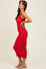 Red Smocked Sleeveless Ruffle Hem Fitted Dress