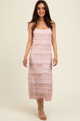 Pink Lace Ruffle Trim Tiered Midi Dress