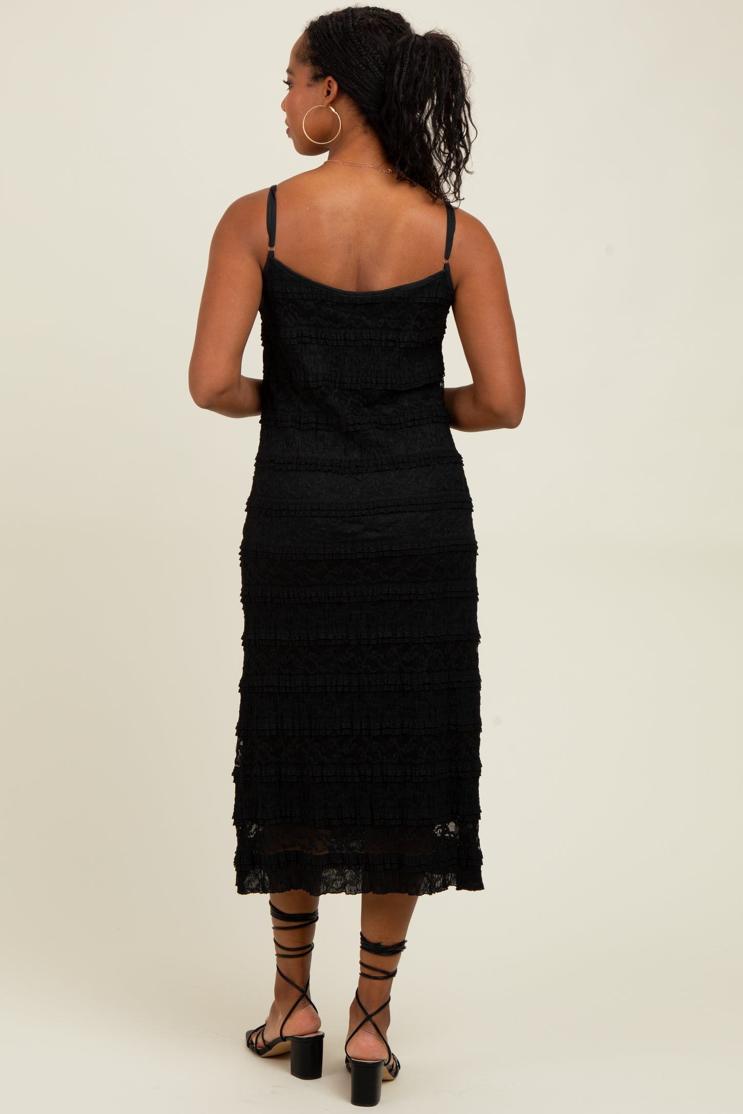 Black Lace Ruffle Trim Tiered Midi Dress