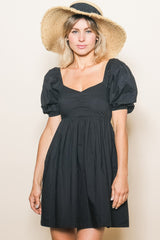Black  Sweetheart Neckline Puff Sleeve Dress