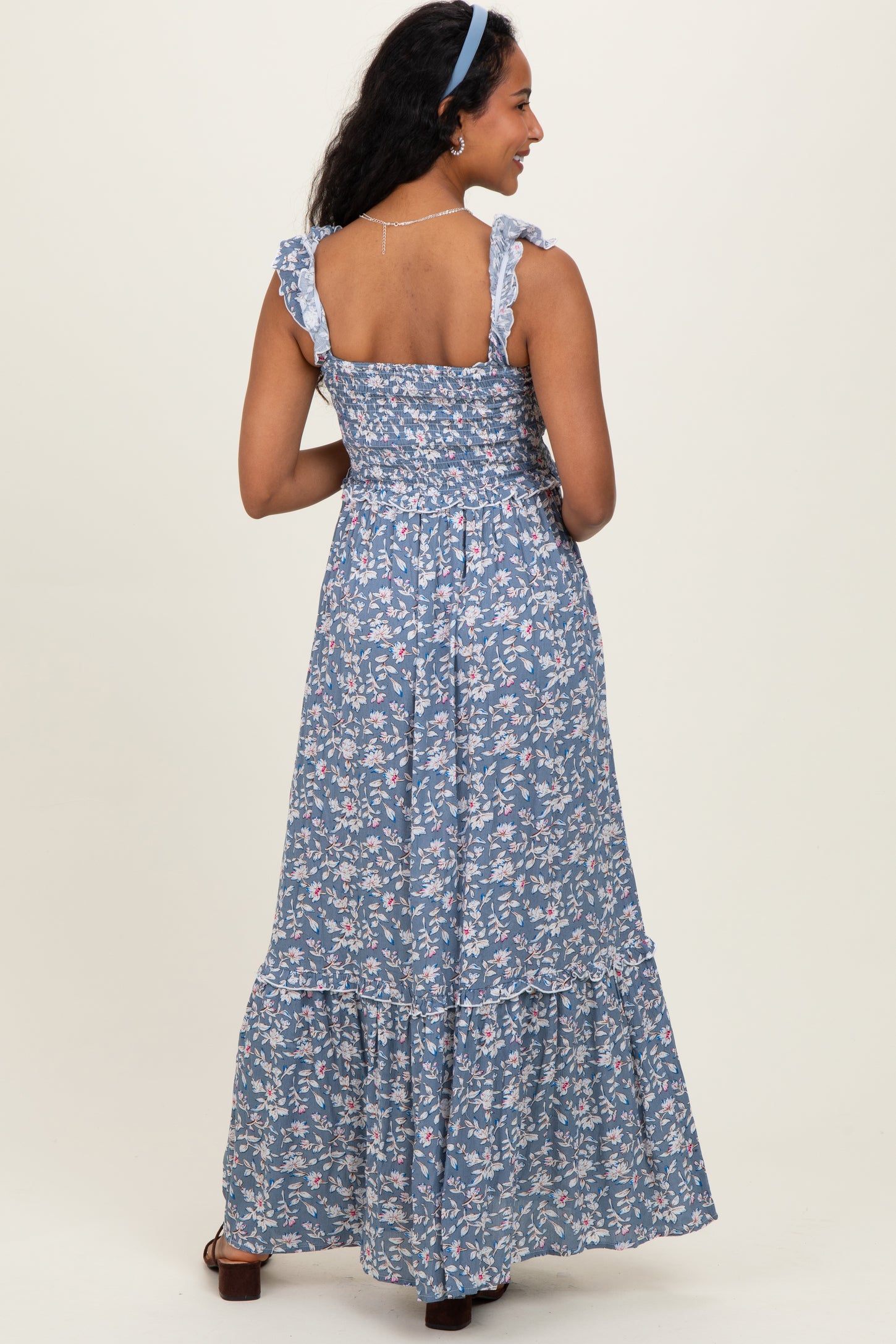 Blue Floral Smocked Ruffle Accent Maternity Maxi Dress