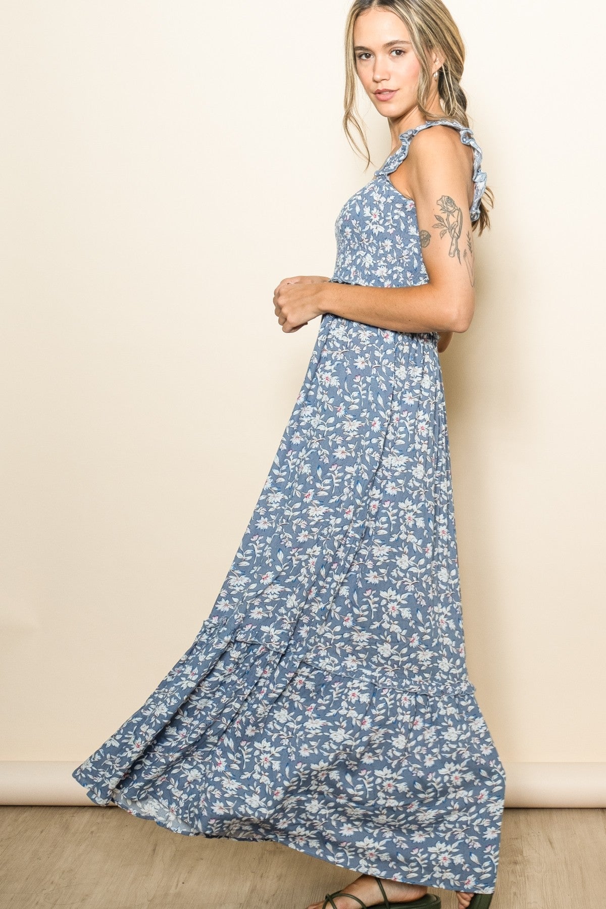 Blue Floral Smocked Ruffle Accent Maxi Dress
