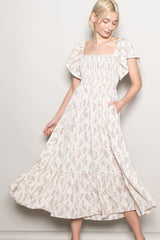 Cream Floral Smocked Lace Trim Flutter Sleeve Maternity Midi Dress