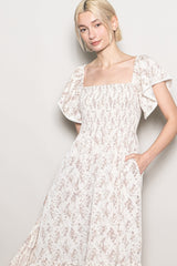 Cream Floral Smocked Lace Trim Flutter Sleeve Midi Dress