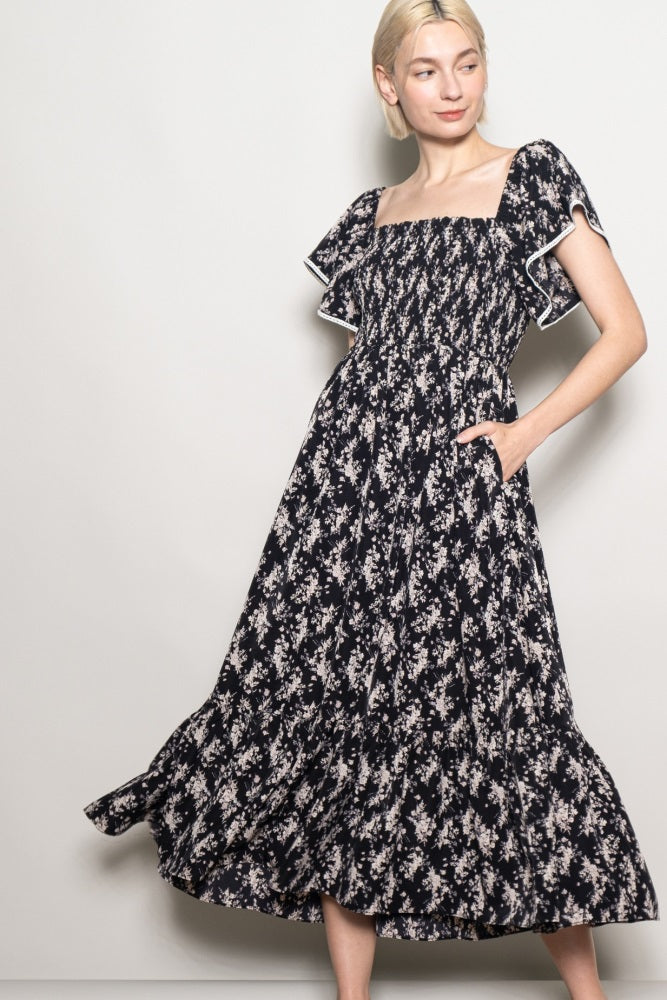 Black Floral Smocked Lace Trim Flutter Sleeve Midi Dress