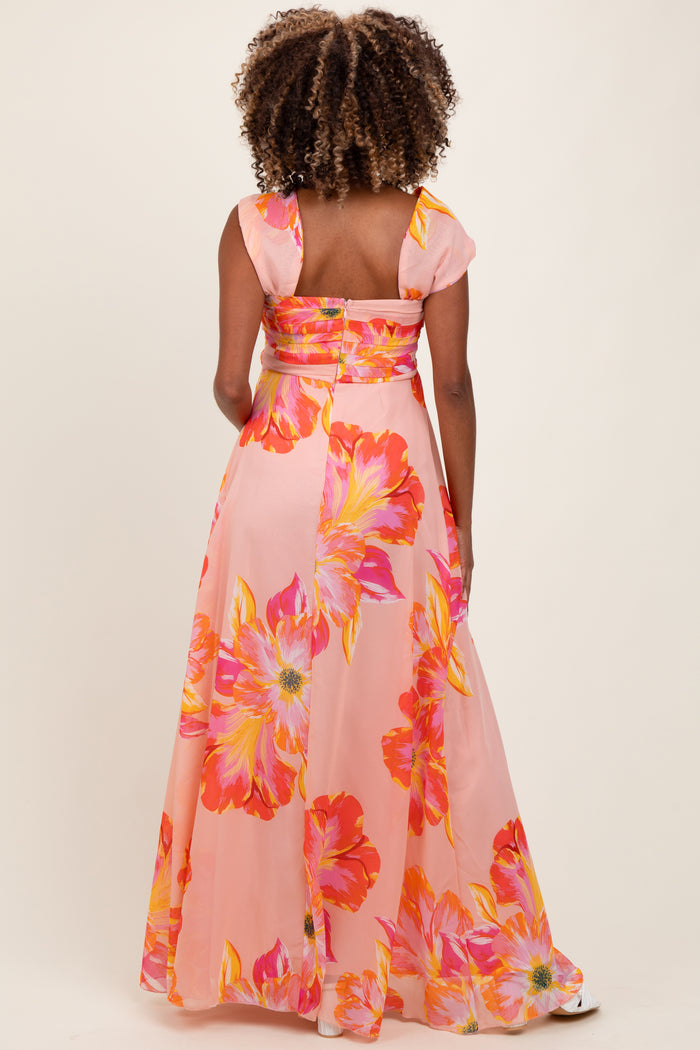 Peach Floral Chiffon Off Shoulder Maternity Maxi Dress