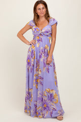 Lavender Floral Chiffon Off Shoulder Maxi Dress