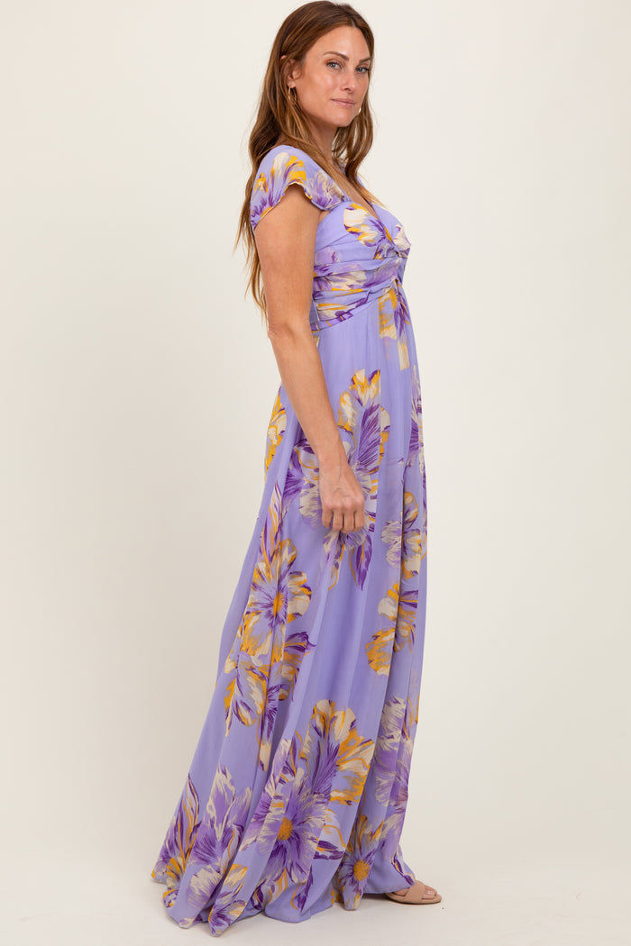 Lavender Floral Chiffon Off Shoulder Maxi Dress