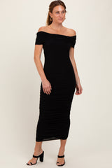 Black Off Shoulder Ruched Midi Dress