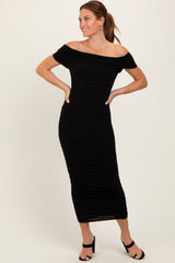 Black Off Shoulder Ruched Midi Dress