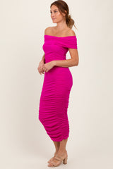 Fuchsia Off Shoulder Ruched Midi Dress