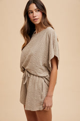 Taupe Textured Knit Dolman Sleeve Top Shorts Set