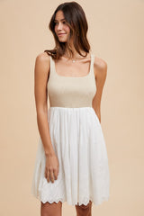 Beige Knit Contrast Eyelet Lace Skirt Maternity Mini Dress