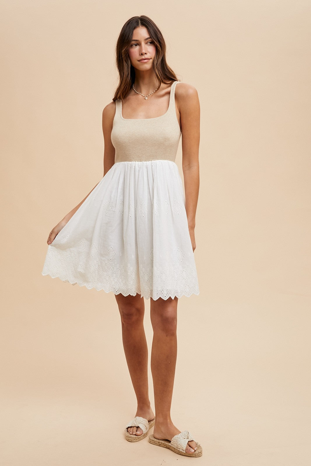 Beige Knit Contrast Eyelet Lace Skirt Mini Dress