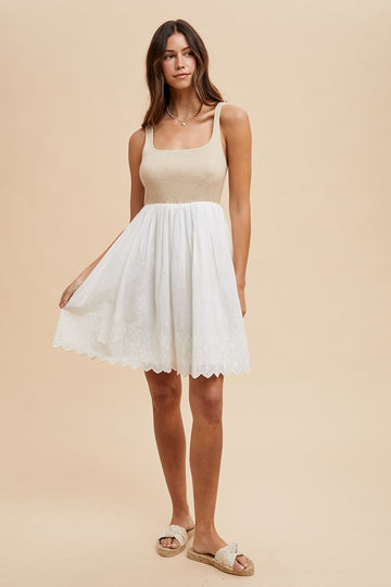 Beige Knit Contrast Eyelet Lace Skirt Mini Dress