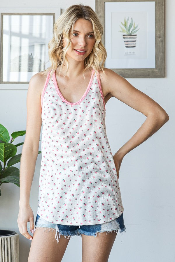 Pink Floral Ribbed Contrast Trim Maternity Tank Top