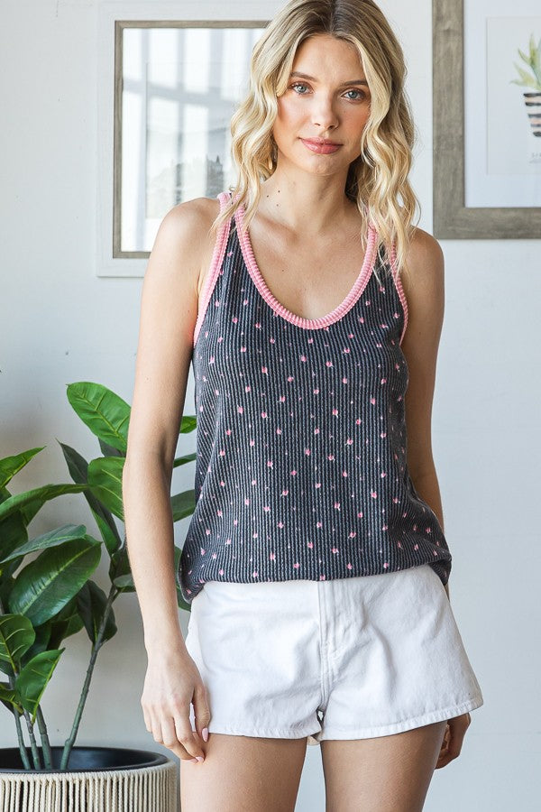 Charcoal Floral Ribbed Contrast Trim Maternity Tank Top