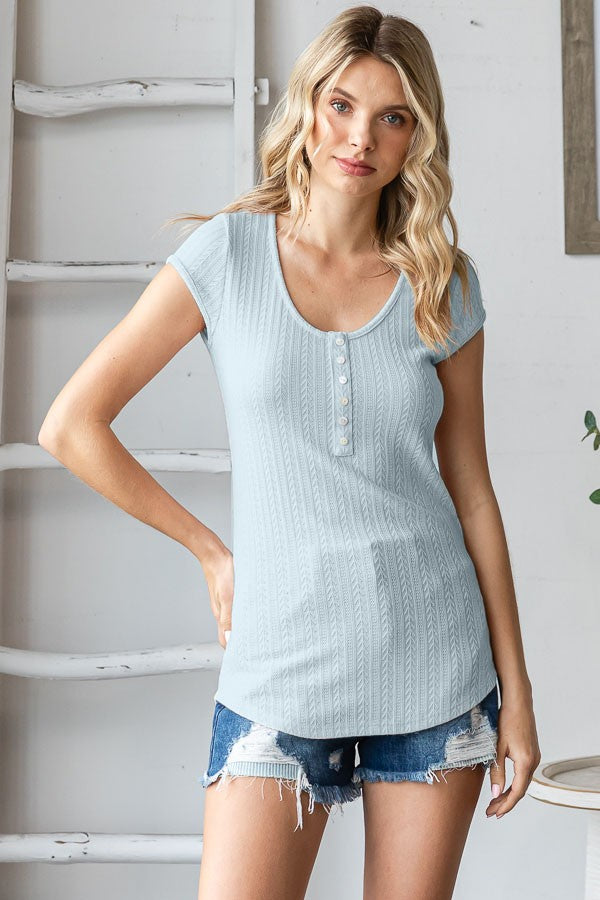 Sky Blue Jacquard Button Front Short Sleeve Top