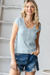 Sky Blue Jacquard Button Front Short Sleeve Top