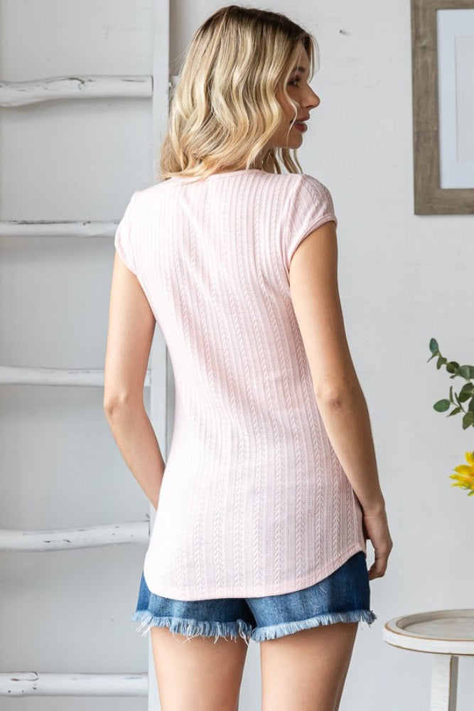 Light Pink Jacquard Button Front Short Sleeve Top