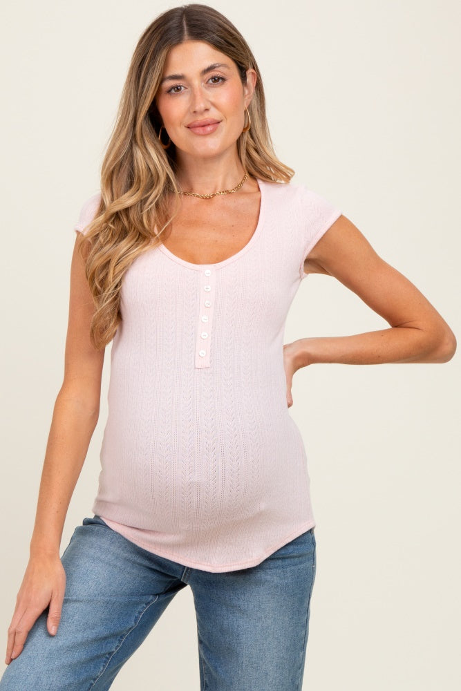 Light Pink Jacquard Button Front Maternity Short Sleeve Top