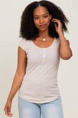 Beige Jacquard Button Front Short Sleeve Top