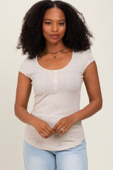 Beige Jacquard Button Front Short Sleeve Top