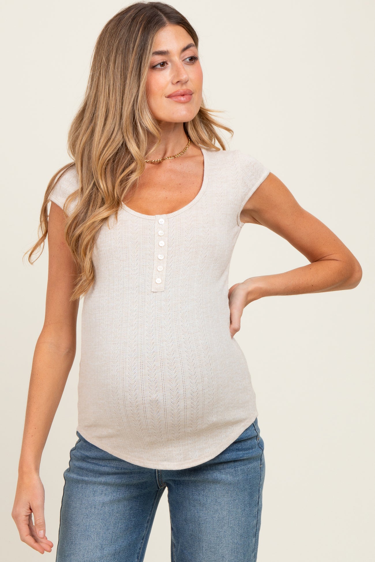 Beige Jacquard Button Front Maternity Short Sleeve Top