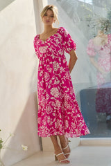 Fuchsia Floral Sweetheart Neckline Midi Dress