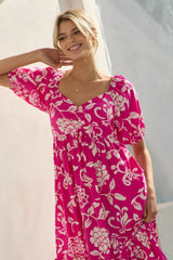 Fuchsia Floral Sweetheart Neckline Midi Dress