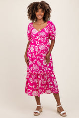 Fuchsia Floral Sweetheart Neckline Maternity Midi Dress