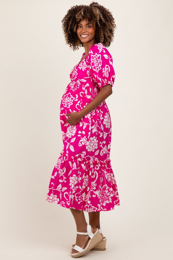 Fuchsia Floral Sweetheart Neckline Maternity Midi Dress