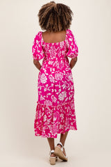 Fuchsia Floral Sweetheart Neckline Maternity Midi Dress