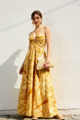 Yellow Printed Cutout Halter Maxi Dress