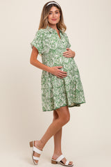 Green Damask Tiered Short Sleeve Maternity Shirt Dress