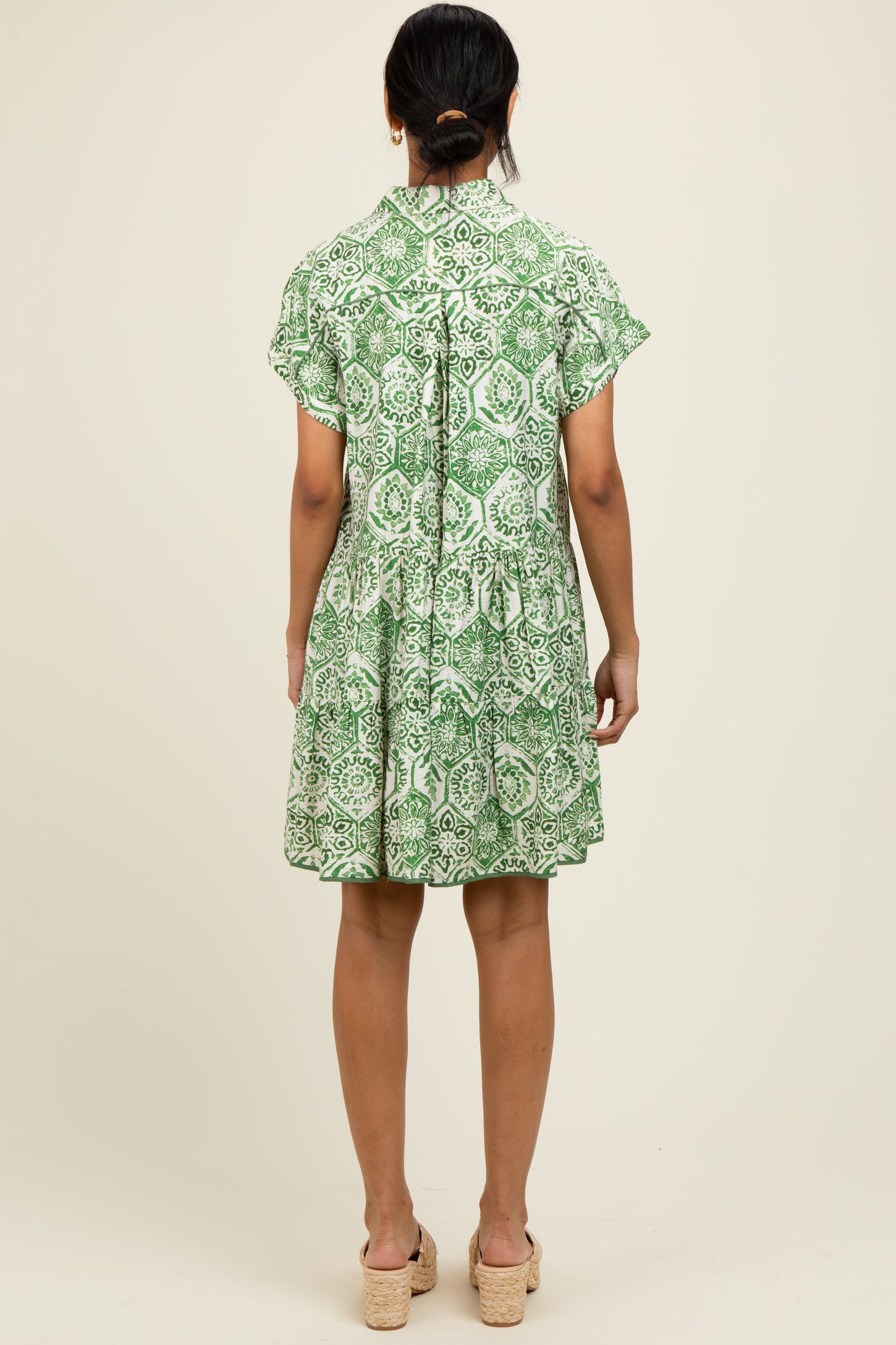 Green Damask Tiered Short Sleeve Shirt Dress