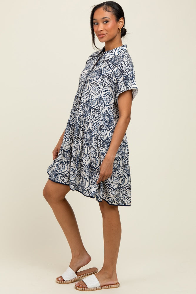 Navy Damask Tiered Short Sleeve Shirt Dress