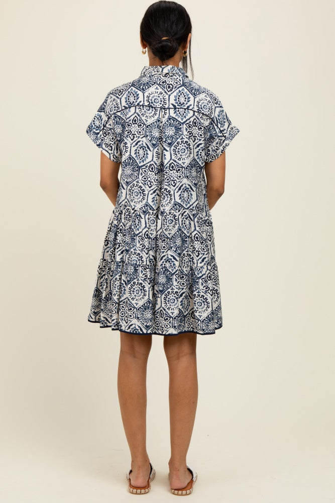Navy Damask Tiered Short Sleeve Shirt Dress