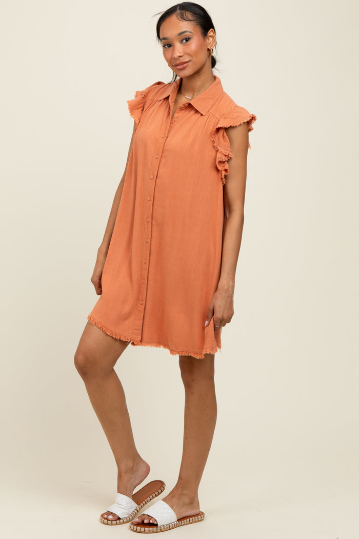 Peach Fringe Detail Ruffle Sleeve Shirt Dress