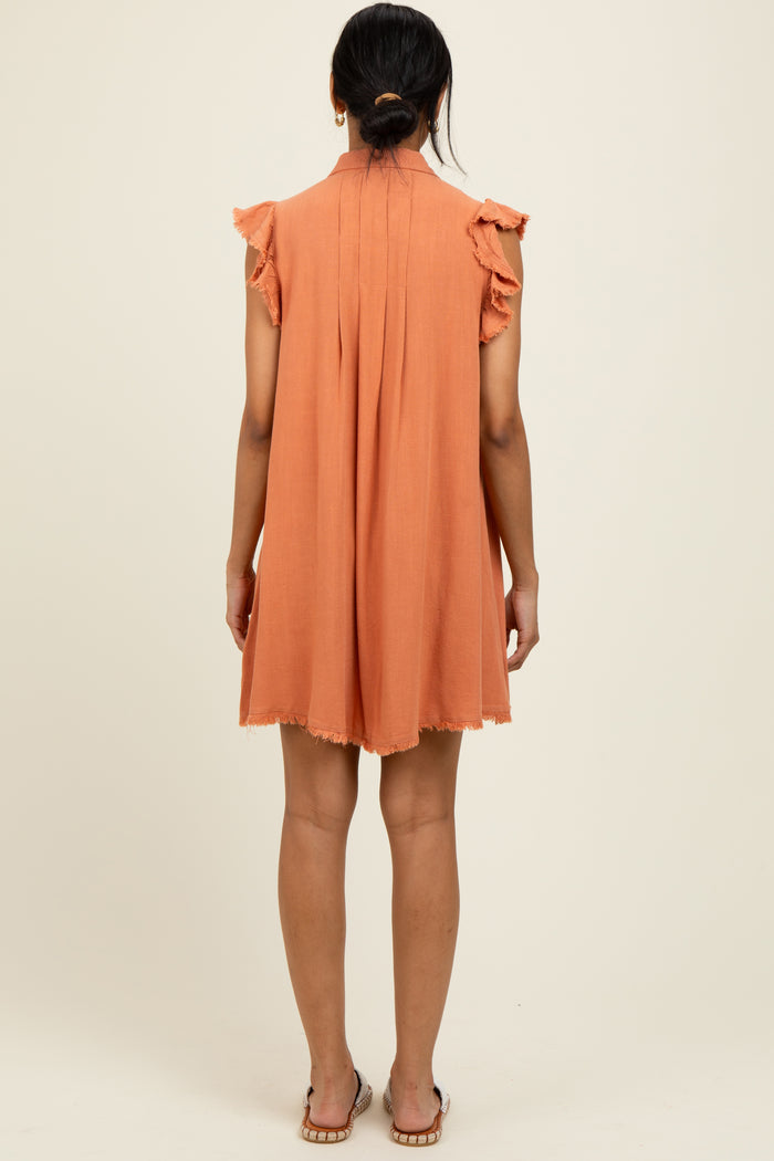 Peach Fringe Detail Ruffle Sleeve Shirt Dress