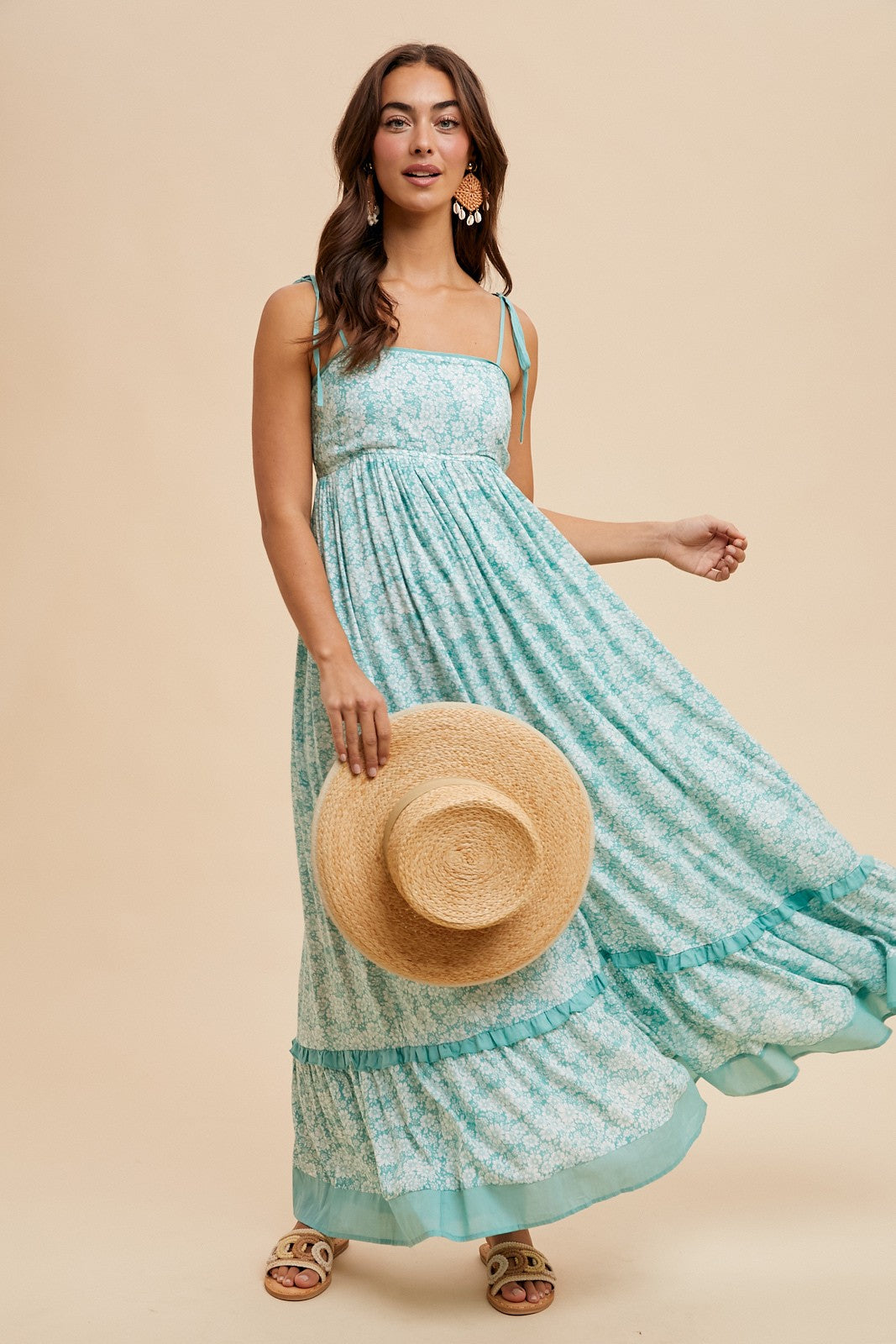 Mint Floral Shoulder Tie Maternity Maxi Dress