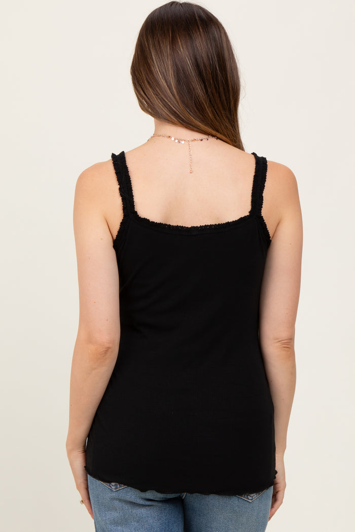 Black Lace-Trim Ribbed Maternity Tank Top