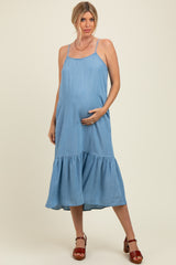 Light Blue Ruffle Hem Cami Maternity Midi Dress