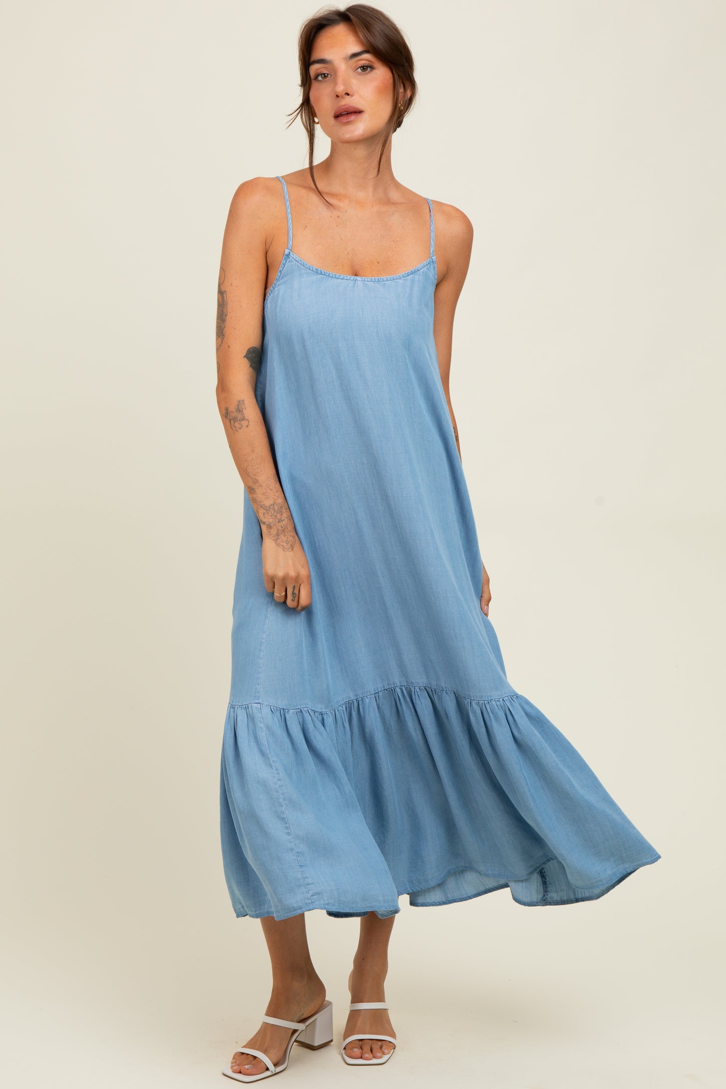 Light Blue Ruffle Hem Cami Maternity Midi Dress