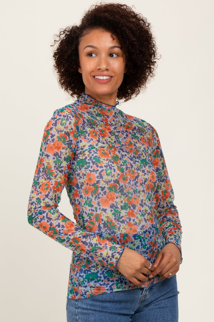 Blue Floral Mesh Long Sleeve Turtle Neck Top