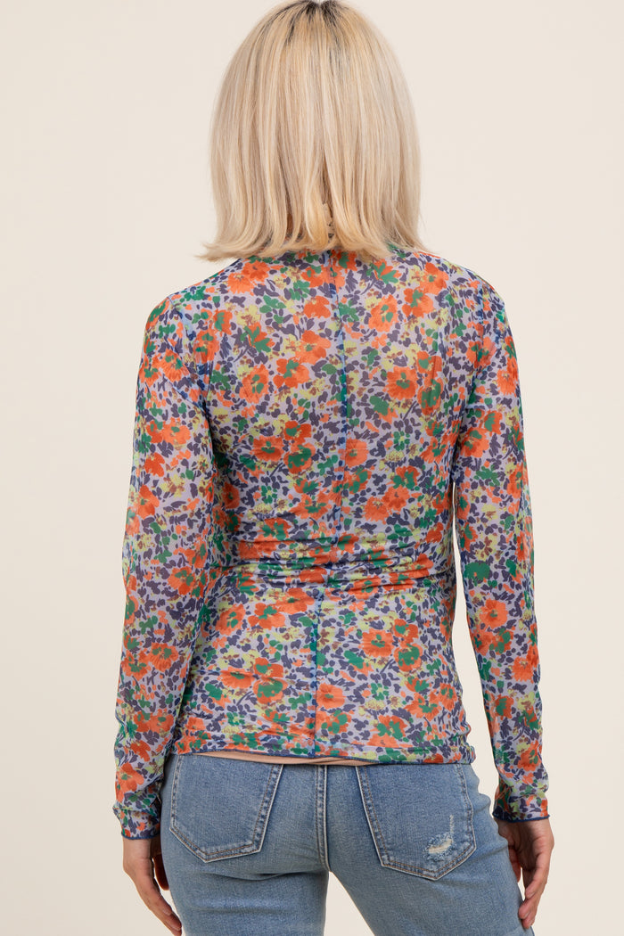 Blue Floral Mesh Long Sleeve Turtle Neck Maternity Top