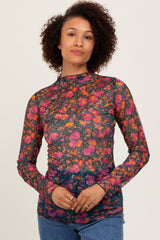 Black Floral Mesh Long Sleeve Turtle Neck Top