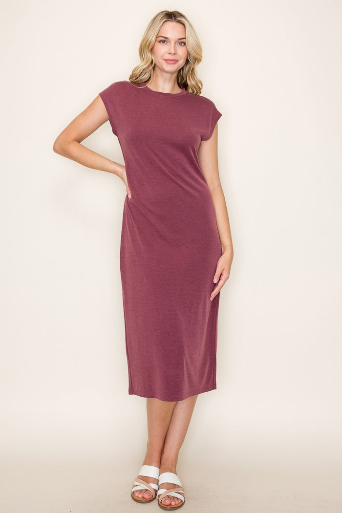 Burgundy Solid Short Sleeve Midi Dress